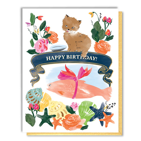 Kitten and Fish Birthday Card