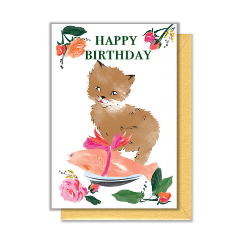 Kitten with Fish Birthday Enclosure Card