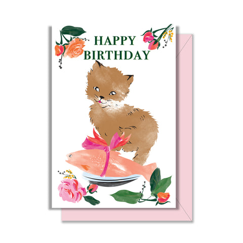 Kitten with Fish Birthday Enclosure Card