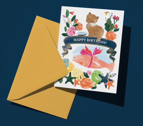 Kitten and Fish Birthday Card